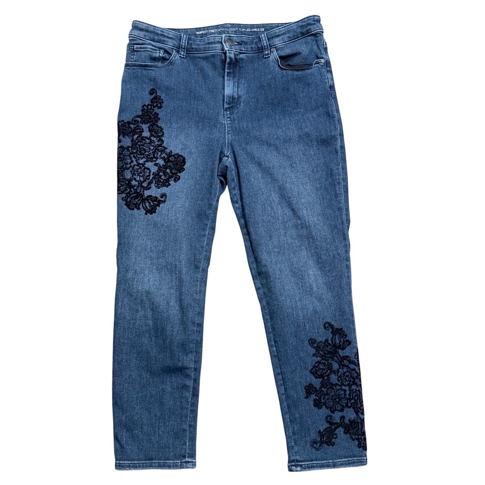 Chico's Perfect Stretch Girlfriend Slim Leg Ankle Jeans Floral Embroidery 2.5